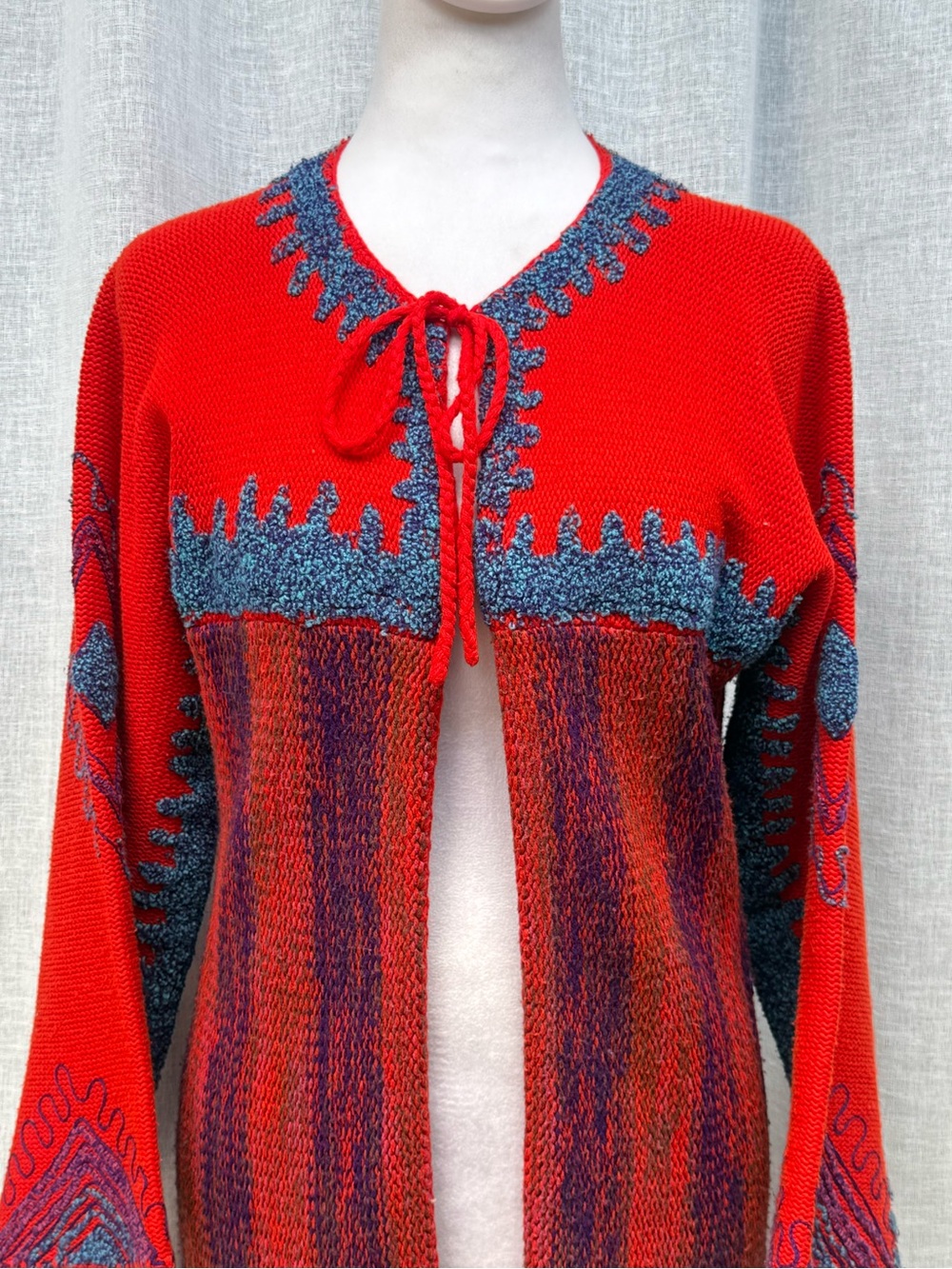 1970s Rikma striped duster jacket featuring a red and blue knitted - Picture 3 of 8